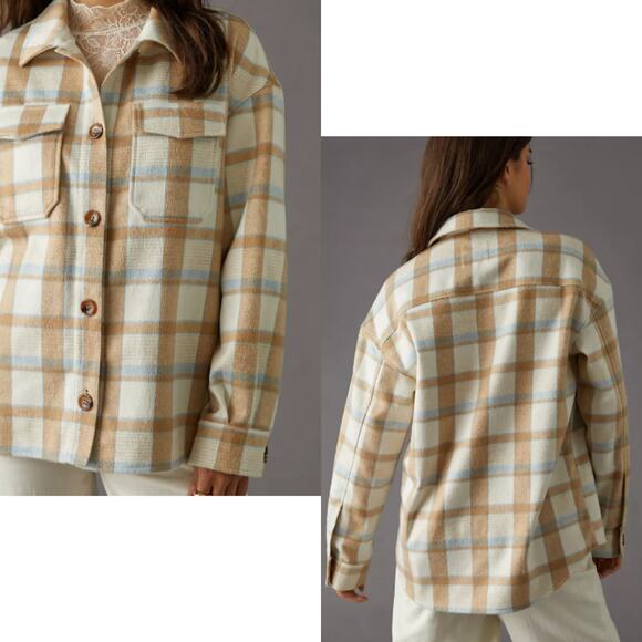Avec Les Filles Neutral Plaid Shacket Oversized Shirt Jacket Button Front, Large - Picture 2 of 8